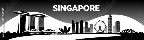 Singapore skyline vector illustration in black and white