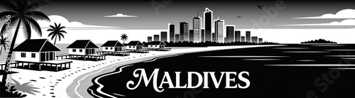Maldives skyline with bungalows in black-and-white vector