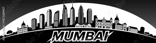 Mumbai skyline illustration in black and white with text