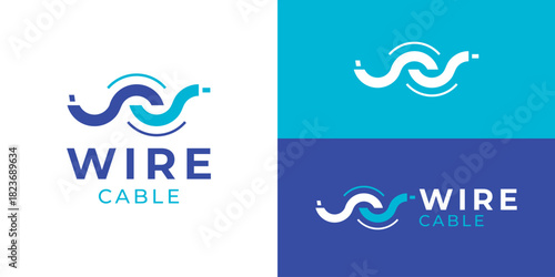 Creative simple wire cable logo template. Abstract fiber optic logo design vector illustration.