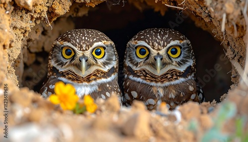 Two burrowing owls peek from their earthen den, vibrant yellow flower adding color to the scene