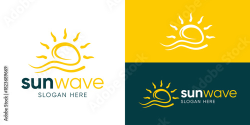 Simple sun wave logo template. Sunset, sun with wave seascape logo design vector illustration.
