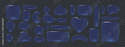 Transparent 3d glass button shapes and icons in one morphism design set. Glossy highlights and soft reflections create modern ui style with elegant glass button morphism look.