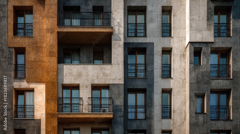 Fototapeta premium Textured Modern Building Facade with Windows and Balconies