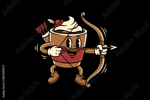 Retro Coffee Cup Character Aiming Bow and Arrow with Arrows in Q