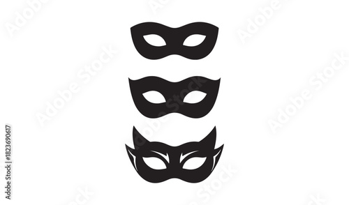 Three black masquerade masks on a white background