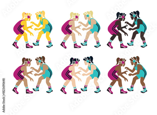woman wrestling wrestler athlete wrestlers sport women female pink blue person people emoji symbol sign icon vector illustration isolated flat
