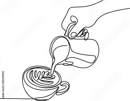 Continuous line art illustration of barista hand pouring milk into coffee cup with latte art using handmade sketch contour