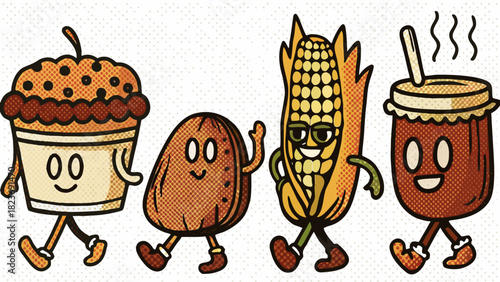 Cute cartoon food squad strutting their stuff, bringing fun and flavor to your creative projects