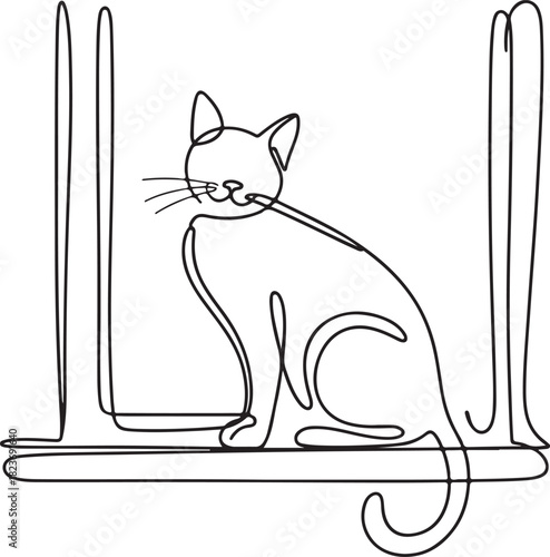 Continuous line art illustration of cat perched on windowsill with hand-sketched contour