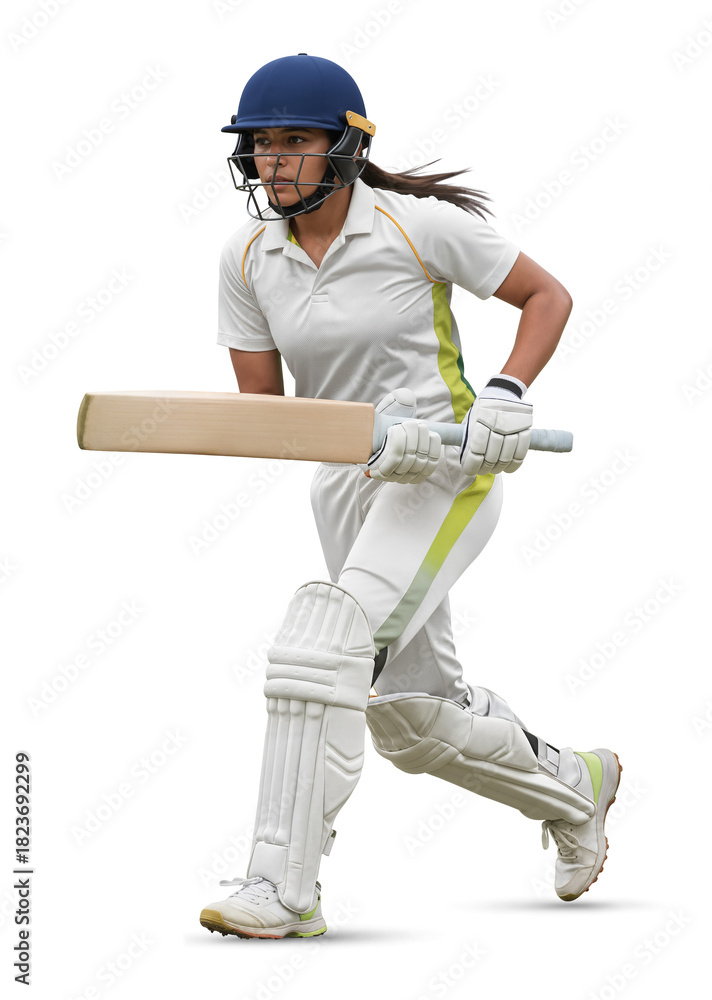 Fototapeta premium Female batsman in white uniform running between wickets on isolated background
