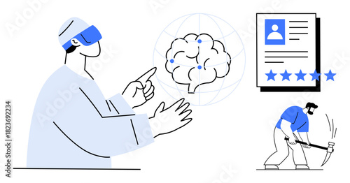 Digital brain with data points, person in VR headset interacting with AI, worker using physical tools. Ideal for technology evolution, machine learning, human-robot interaction, future workforce