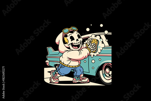 Skeleton character washing a vintage car with a sponge.