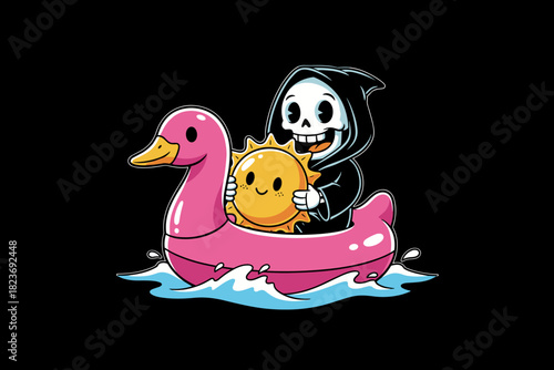Grim Reaper rides a pink duck float with the sun.