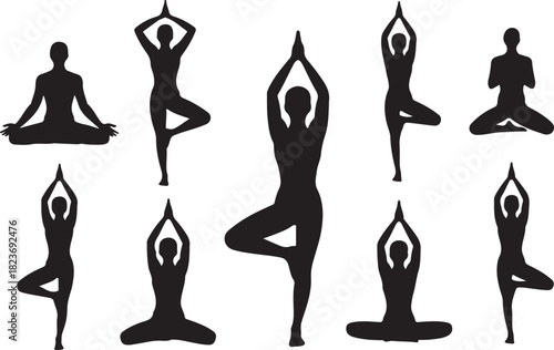 Yoga Poses Woman Silhouette, Set Isolated Over White Background