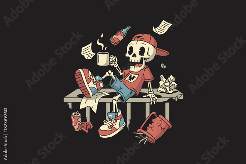 Skeleton chilling with coffee and papers on desk.