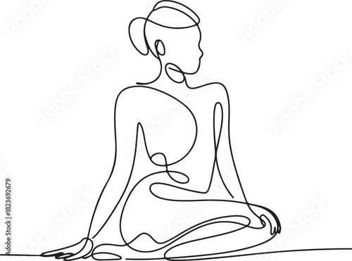 Continuous line art illustration of figure in seated side twist with hand-sketched contour