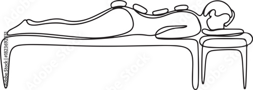 Continuous line art illustration of figure lying on massage table with hot stones on back using hand-sketched contour