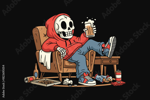 Skeleton chilling in armchair with beer and pizza.