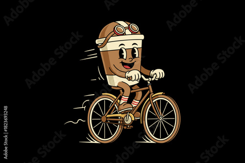 Retro Coffee Cup Character Riding a Bicycle.