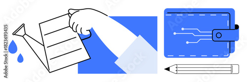 Hand pouring water from a can into a digital wallet, symbolizing financial investment, growth, and innovation. Ideal for finance, technology, savings, investment strategy fintech and planning. A