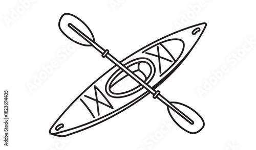 Simple outline drawing of a kayak and paddle on white background