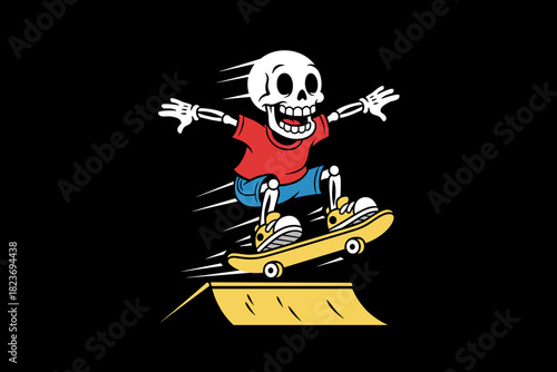 Cartoon Skeleton Skateboarder Performing a Trick on a Ramp.