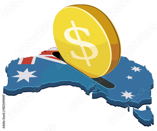 A dollar coin being inserted into a slot on the Australia map (flag colors). Concept for foreign investment, finance, or economic aid in Oceania. (cut out)