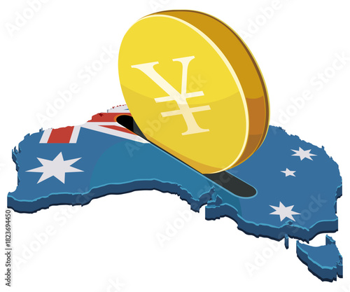 A yen coin being inserted into a slot on the Australia map (flag colors). Concept for foreign investment, finance, or economic aid in Oceania. (cut out)