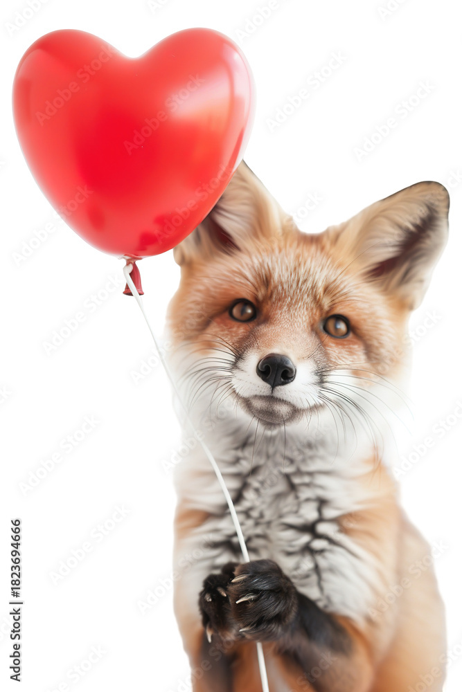 Obraz premium A cute fox cub stands on a transparent surface, holding a string attached to a vibrant heart-shaped balloon. The scene captures the charm of youthful spirit and affection