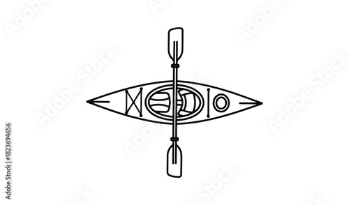 Minimalist line art drawing of a kayak and paddle from a top down view