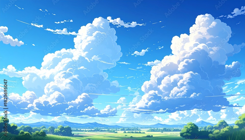 Fototapeta premium Anime-style scenic Fluffy clouds drift above a lush green landscape with distant hills under a bright blue sky