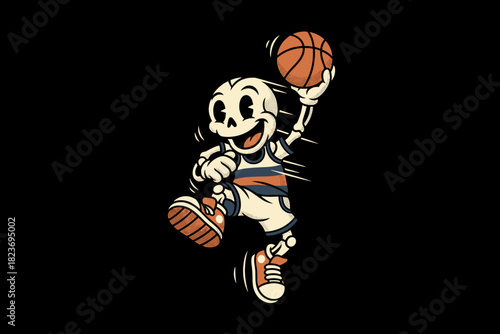 Cartoon Skeleton Playing Basketball with Joyful Expression.