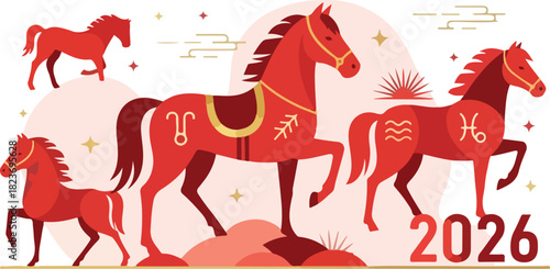 2026 Year of the Horse illustration 4 red horses with zodiac signs on bodies set on a white background