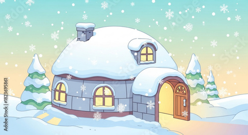 Charming winter cottage nestled in snow, perfect for holiday cards and festive designs, evokes warmth and cheer, originally designed as scalable vector art