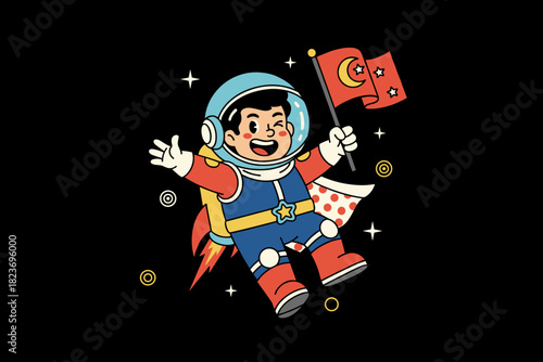Happy Astronaut Character Holding a Flag in Space.