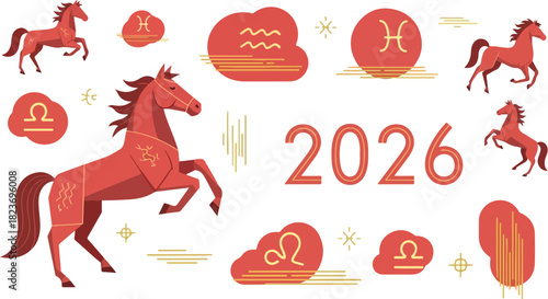 2026 year of the horse illustration features horses and astrological signs in red hues