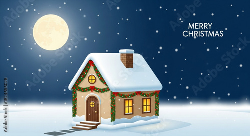 Charming Christmas house glows under a snowy night sky, spreading holiday cheer and festive warmth, perfect for greeting cards and seasonal promotions