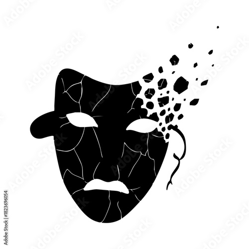 The shattered mask dissolves with cracks representing fragility and emotional distress