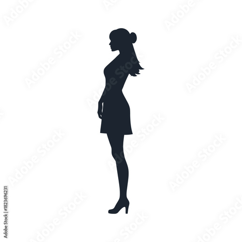 Silhouette of a woman standing in profile wearing a dress and high heels, with hair tied up.