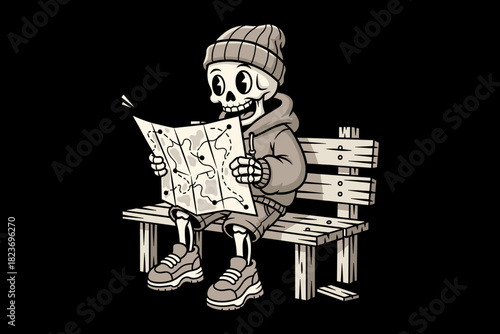 Skeleton character sitting on a bench reading a map.