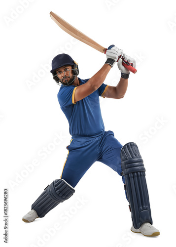 Cricketer in blue uniform playing a lofted shot on isolated background
