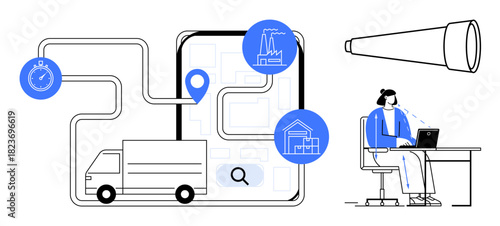 Logistics technology. Logistics delivery tracking, supply chain management, and remote work. Logistics solutions for transportation, warehouses, and data monitoring. Perfect for automation, supply