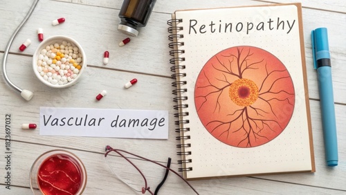 Diagram of Retina illustrating vascular damage alongside pills