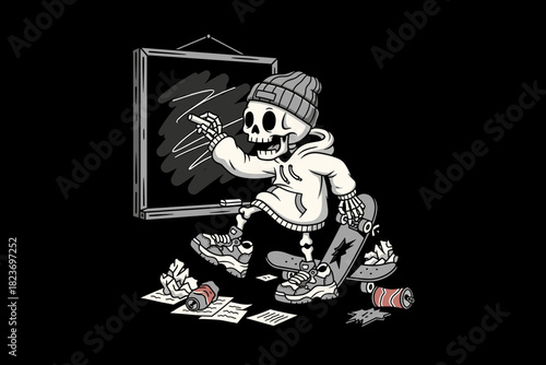 Skeleton artist drawing on blackboard wearing beanie and hoodie.