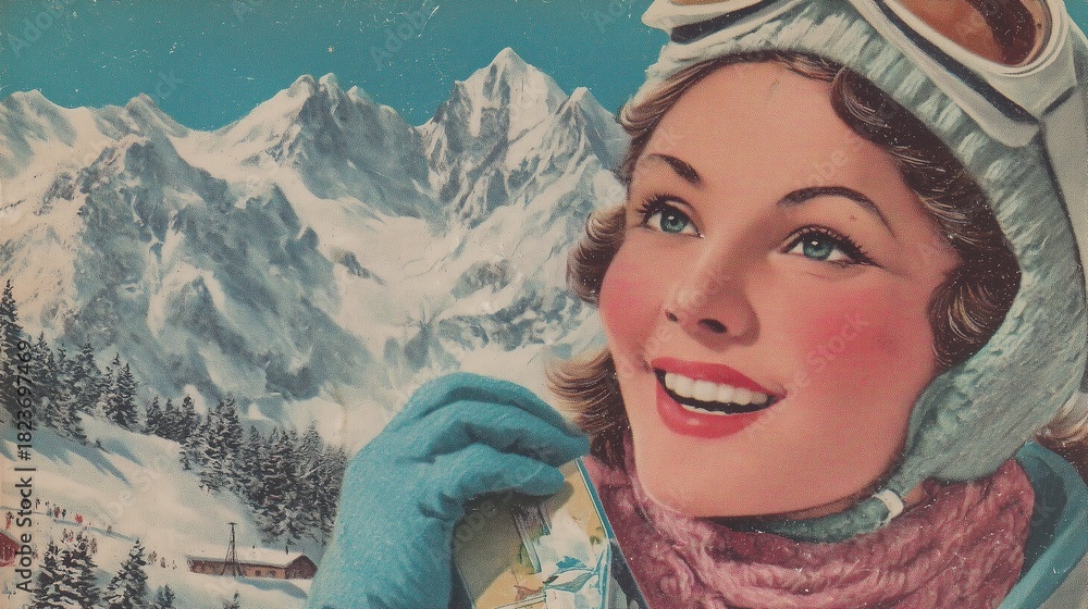 Fototapeta premium Vintage ski postcard showing a smiling woman skier in retro winter gear with mountain slope and chalet in background, evokes nostalgia, joy, and alpine leisure.