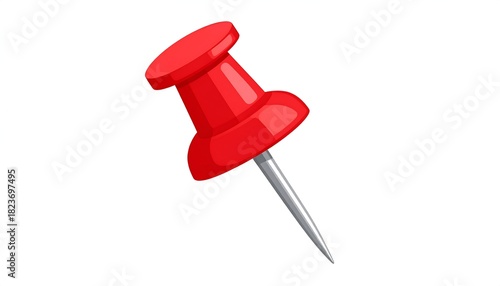 A bright red pushpin with a metallic point, angled slightly on a white background
