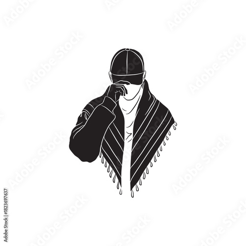 Black and white vector drawing of a person in a cap and scarf covering their face, depicting a mysterious or hidden identity.