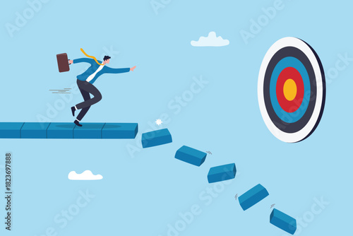 Hardship to missed business target, failure or struggle from uncertainty, mistake or loss and disappointment, shortfall or crisis concept, businessman run to miss target or goal from collapsing path.