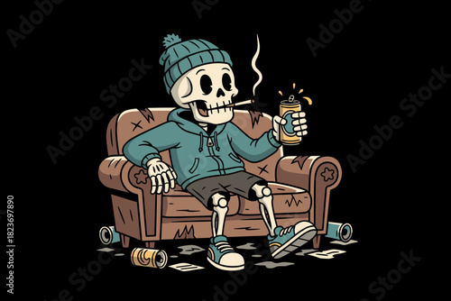 Skeleton chilling on couch smoking and drinking.